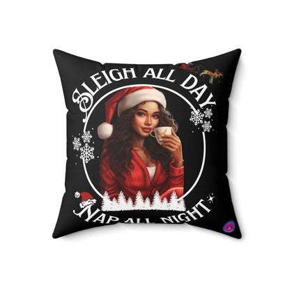 Black Sleigh All Day Nap All Night Pillow – Funny Holiday Decor for Moms