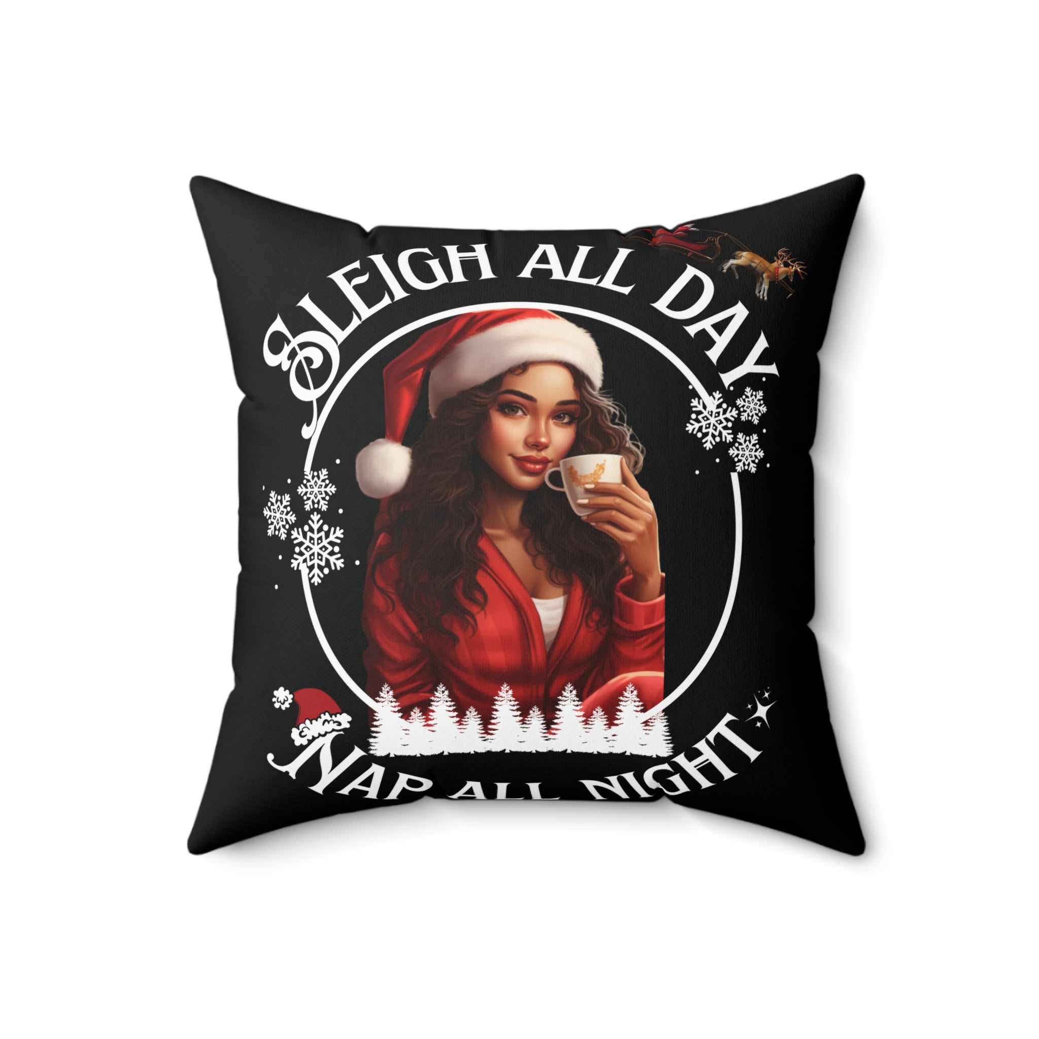 Black Sleigh All Day Nap All Night Pillow – Funny Holiday Decor for Moms